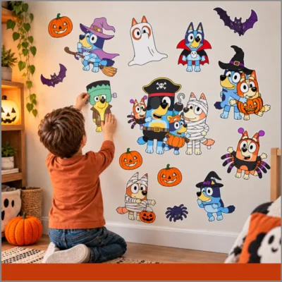 Etiquetas de Bluey para puertas y ventanas de Halloween